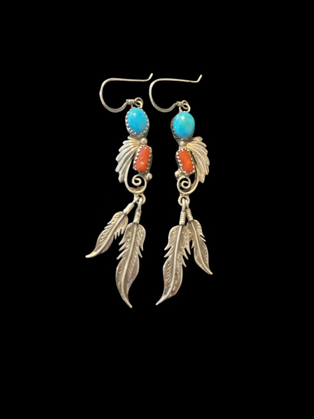 R. Tom Navajo Sterling Silver Turquoise and Coral Feather Dangle Earrings